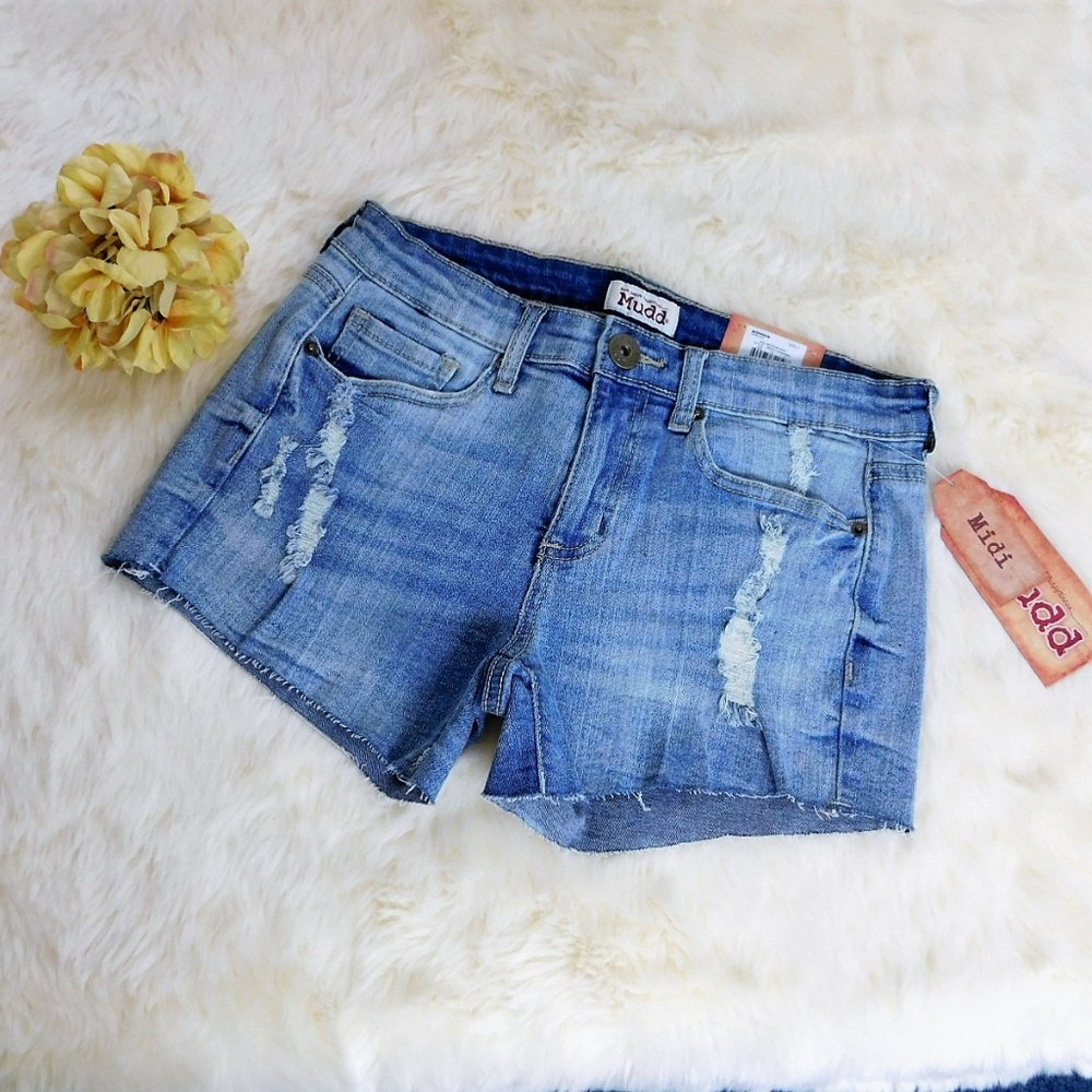 Mudd Women Midi Jean Shorts Sz 7‎ Destructed Frayed Hem Cutoff Distressed Denim
